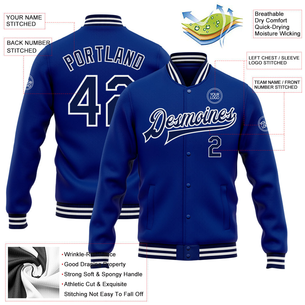 Custom Royal Navy-White Bomber Full-Snap Varsity Letterman Jacket view 5