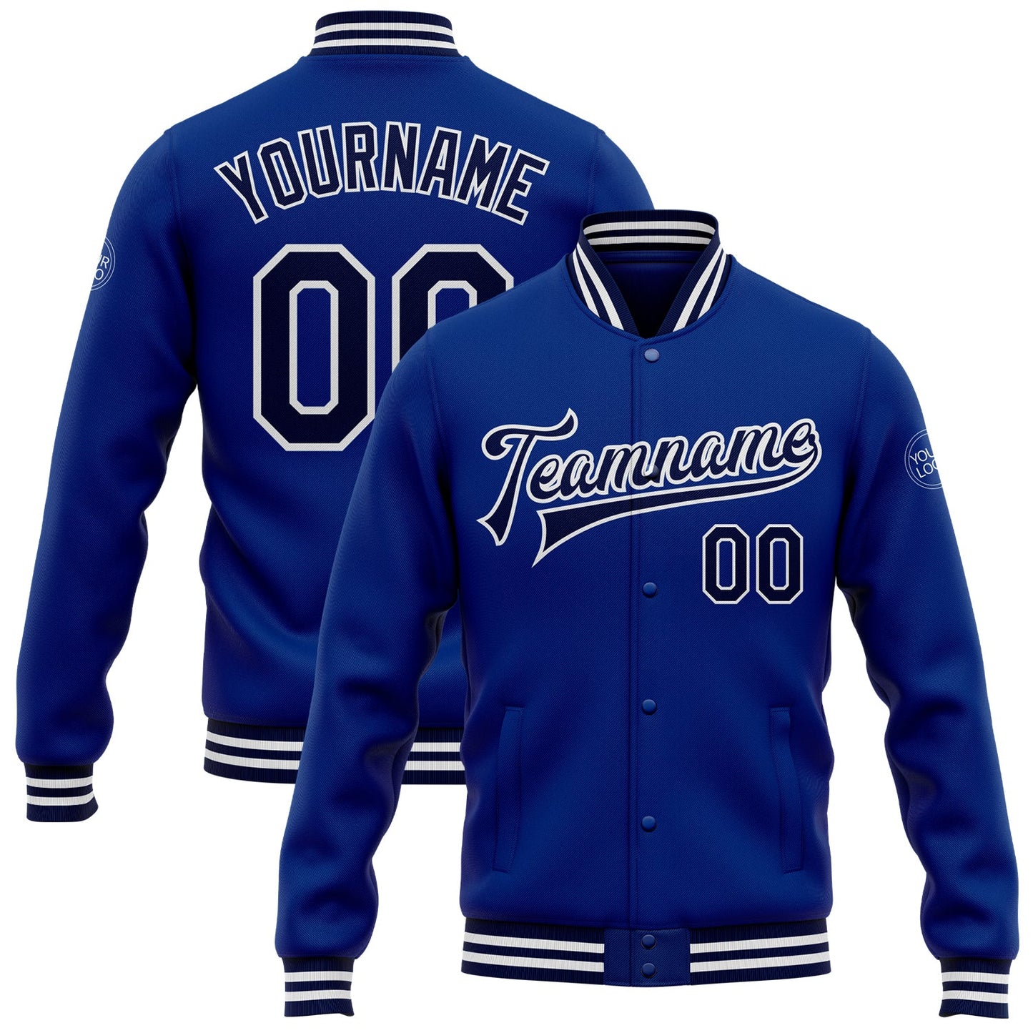 Custom Royal Navy-White Bomber Full-Snap Varsity Letterman Jacket - Main View