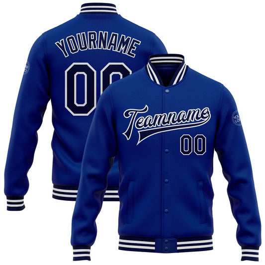 Custom Royal Navy-White Bomber Full-Snap Varsity Letterman Jacket - Main View