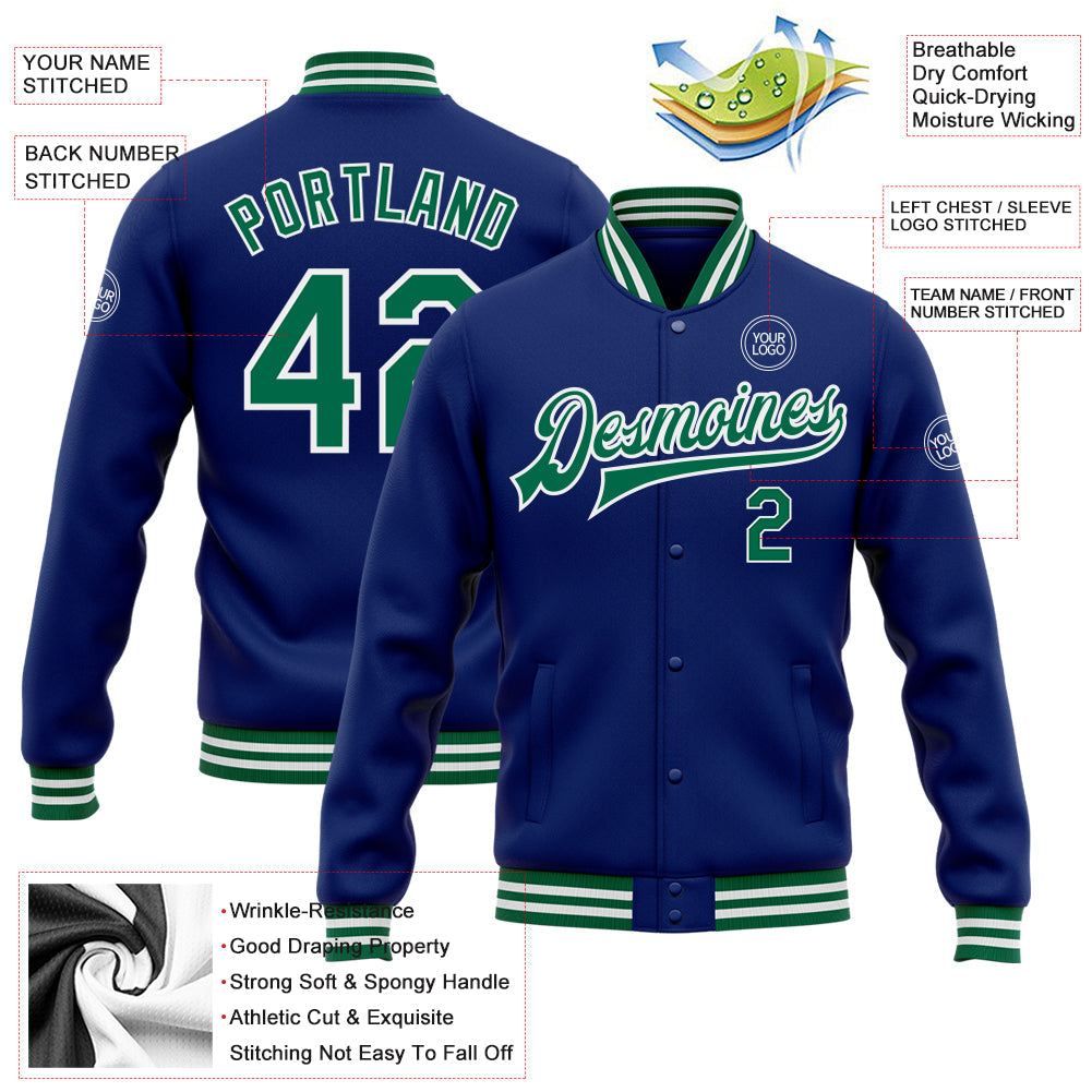 Custom Royal Kelly Green-White Bomber Full-Snap Varsity Letterman Jacket view 5