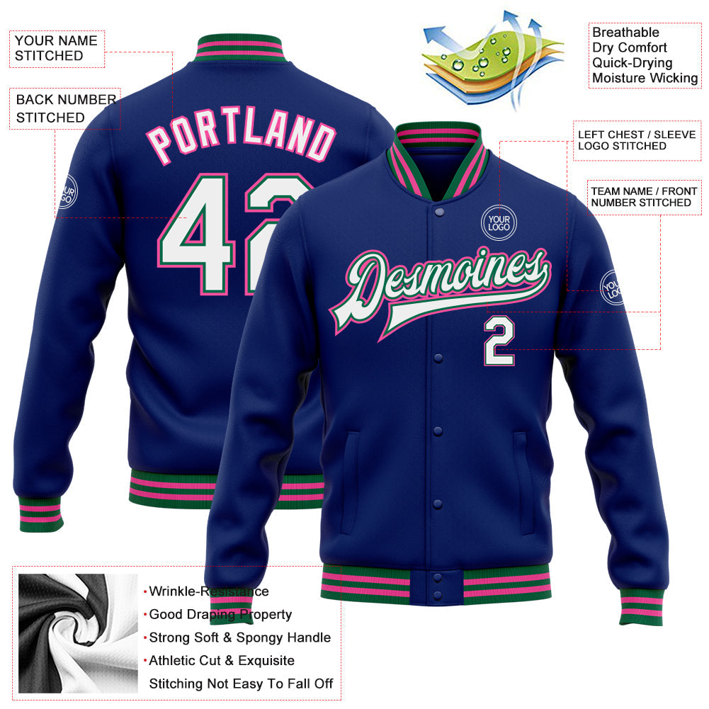 Custom Royal White Kelly Green-Pink Bomber Full-Snap Varsity Letterman Jacket view 5