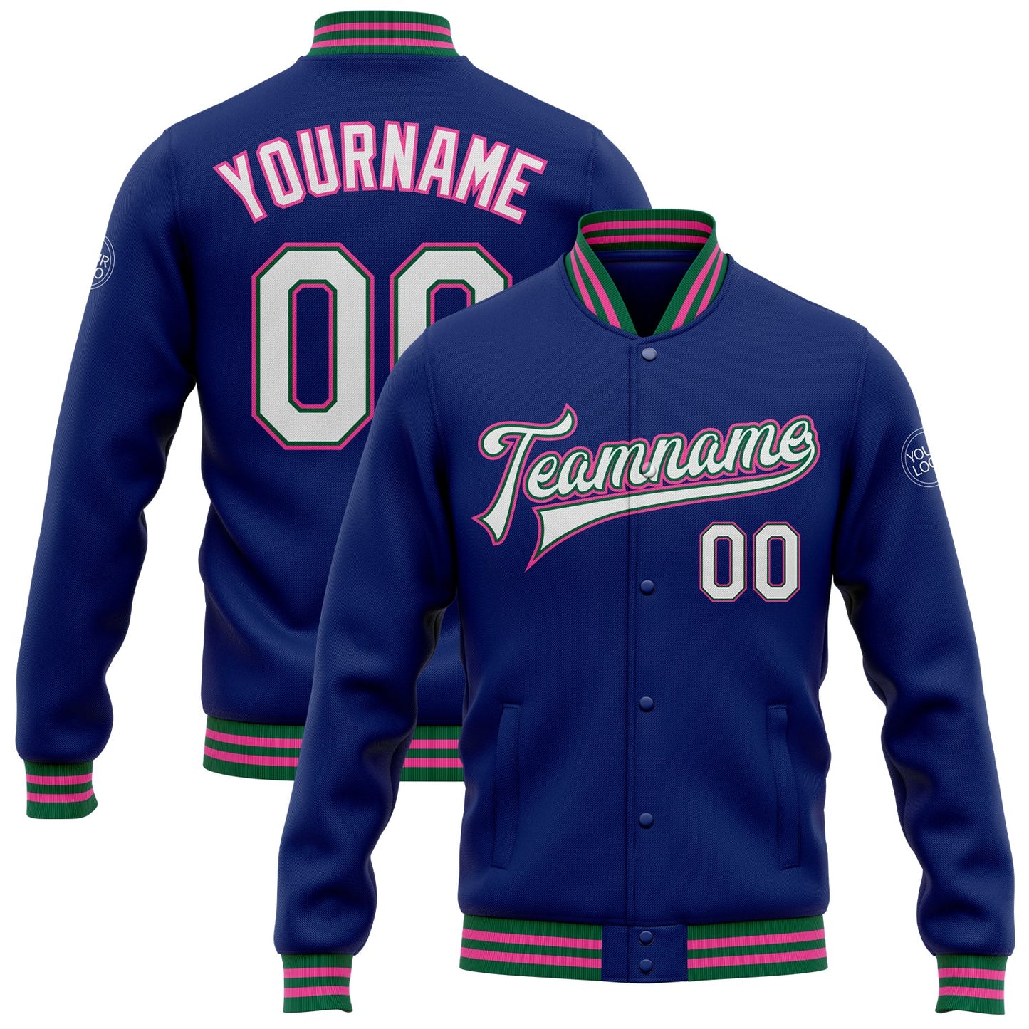 Custom Royal White Kelly Green-Pink Bomber Full-Snap Varsity Letterman Jacket - Main View