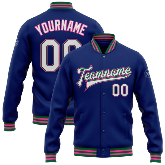 Custom Royal White Kelly Green-Pink Bomber Full-Snap Varsity Letterman Jacket - Main View