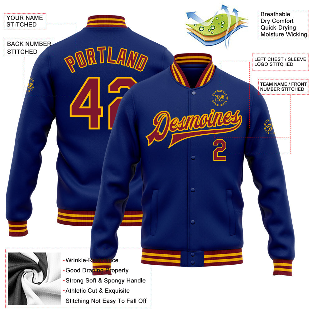 Custom Royal Crimson-Gold Bomber Full-Snap Varsity Letterman Jacket view 5