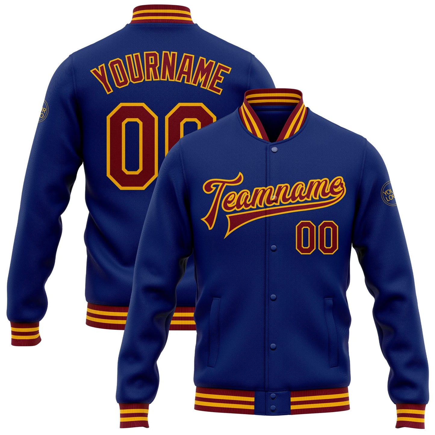 Custom Royal Crimson-Gold Bomber Full-Snap Varsity Letterman Jacket - Main View