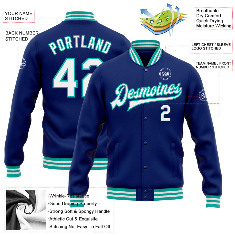 Custom Royal White-Aqua Bomber Full-Snap Varsity Letterman Jacket view 5
