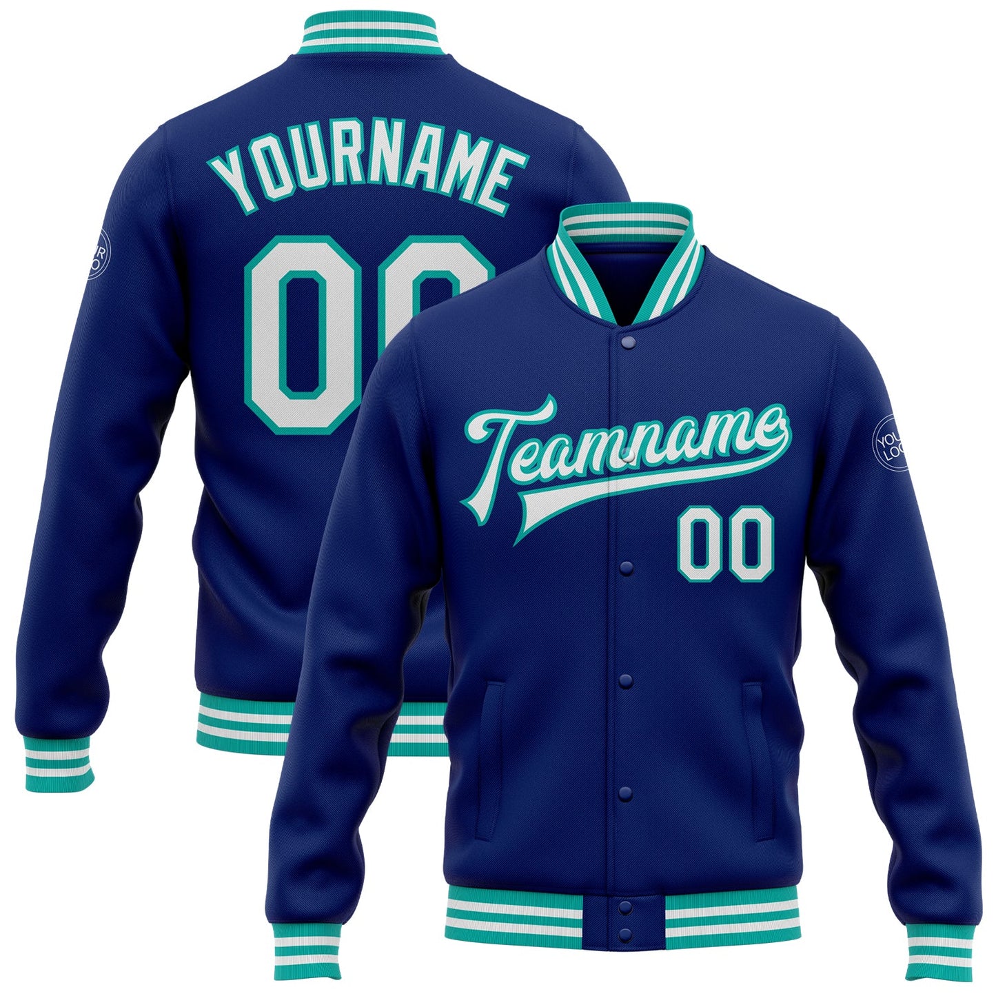 Custom Royal White-Aqua Bomber Full-Snap Varsity Letterman Jacket - Main View