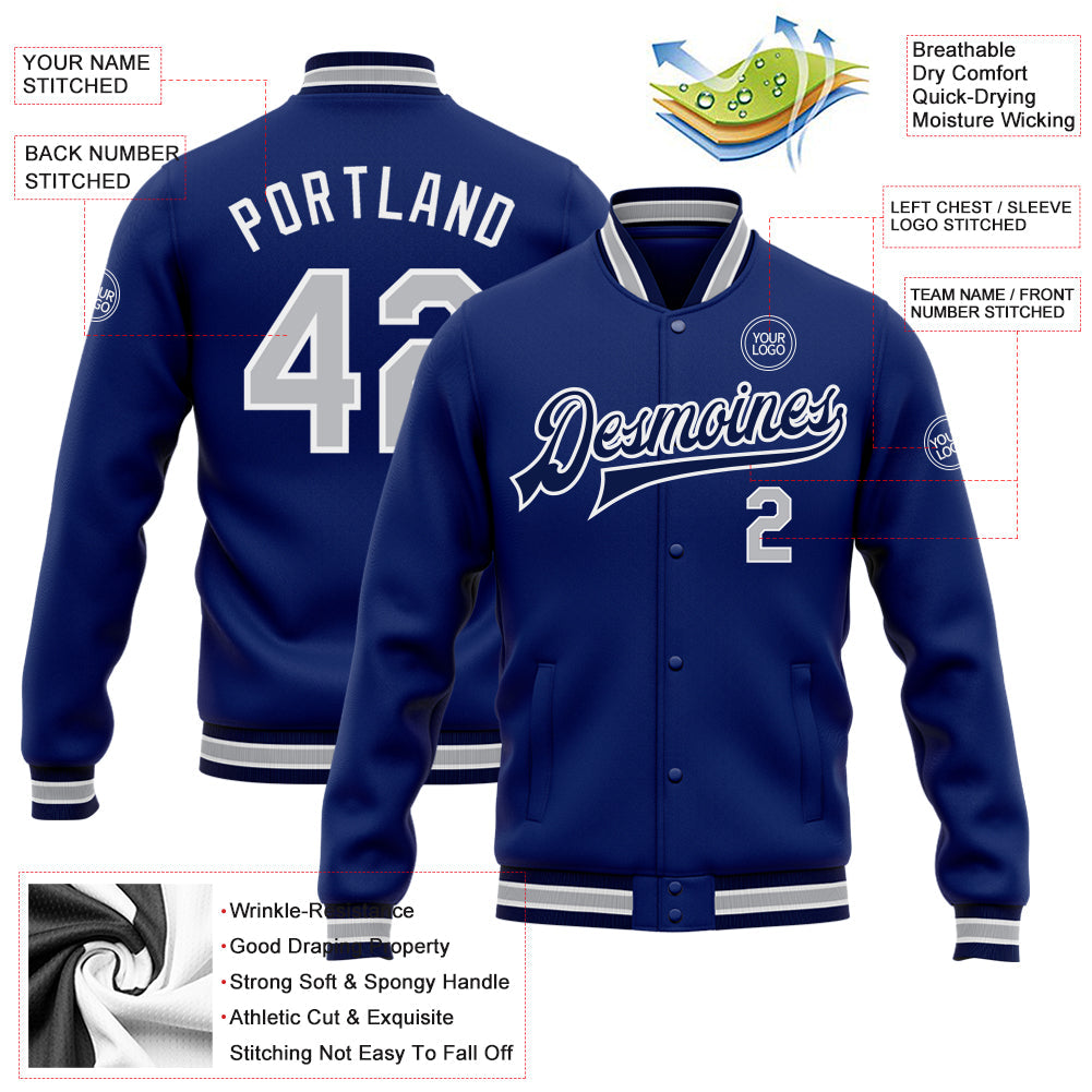 Custom Royal Gray-Navy Bomber Full-Snap Varsity Letterman Jacket view 5