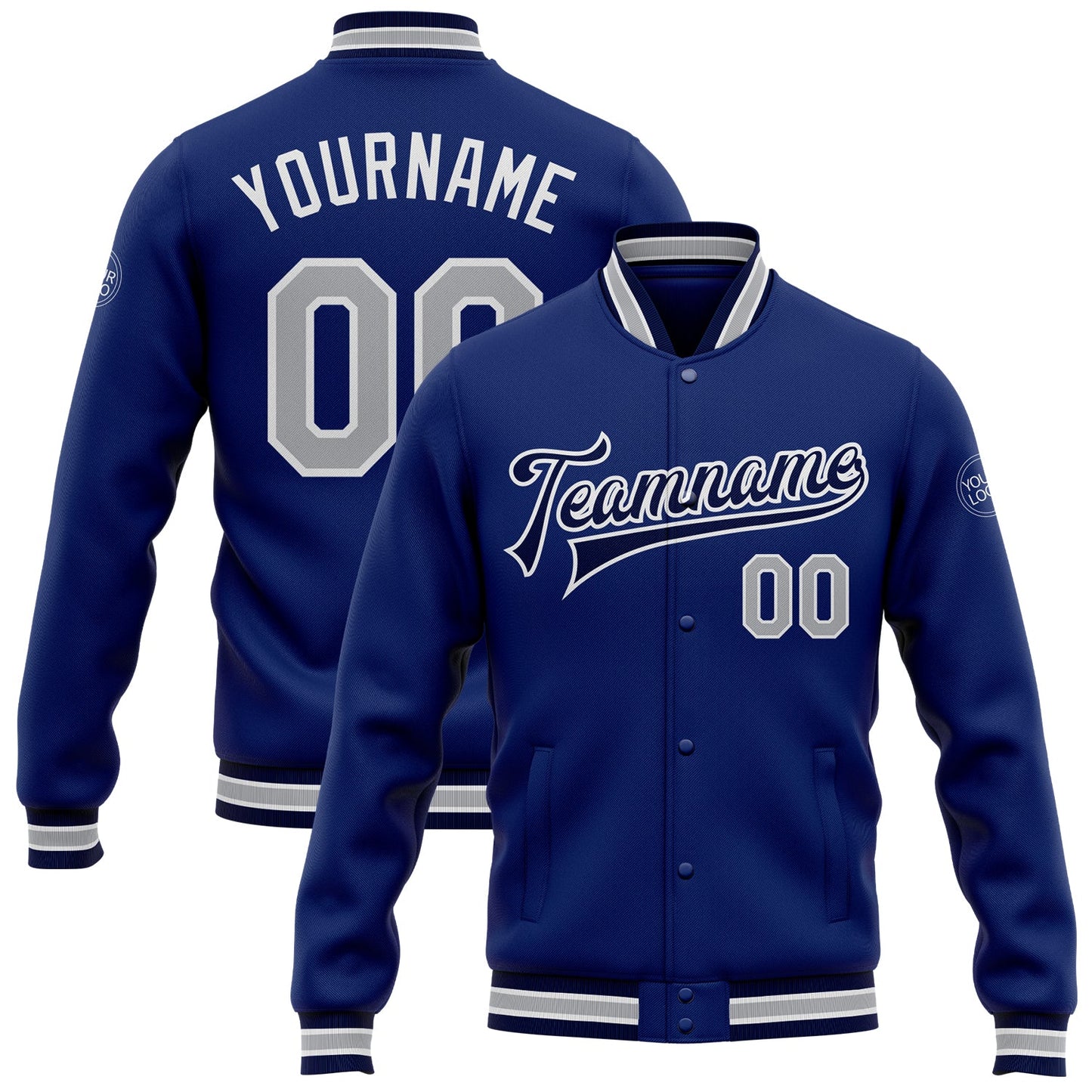 Custom Royal Gray-Navy Bomber Full-Snap Varsity Letterman Jacket - Main View
