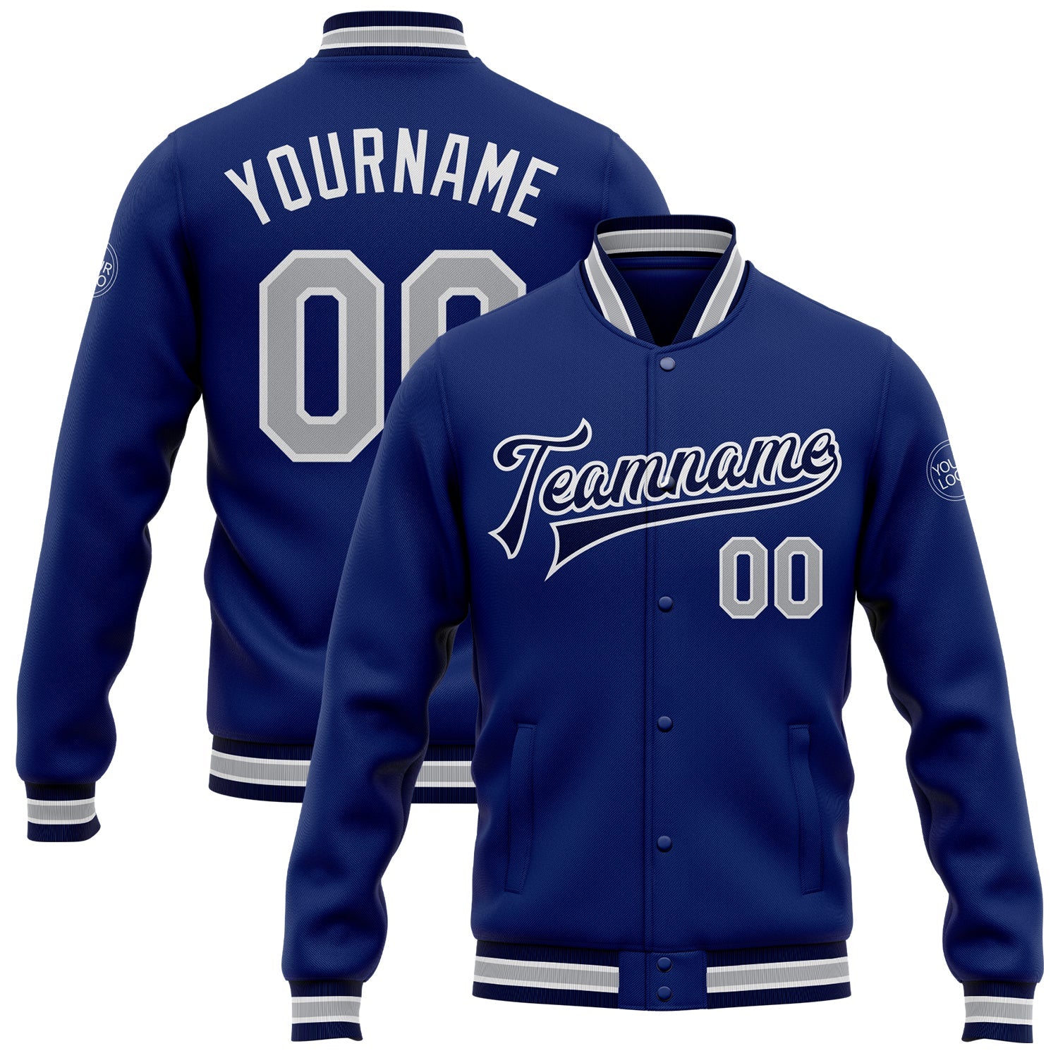 Custom Royal Gray-Navy Bomber Full-Snap Varsity Letterman Jacket - Main View