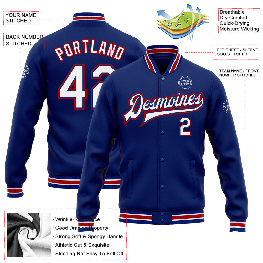 Custom Royal White-Red Bomber Full-Snap Varsity Letterman Jacket view 5