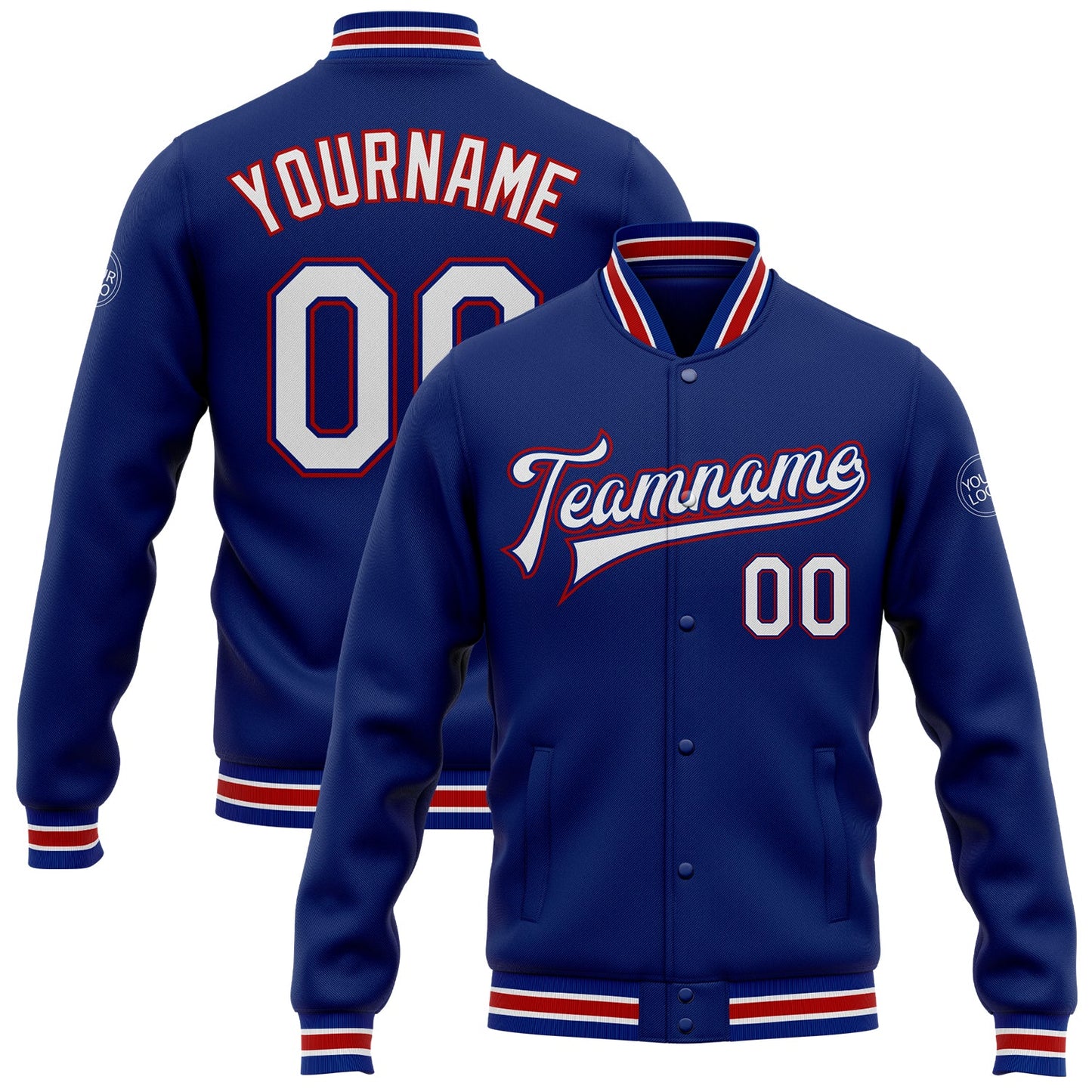 Custom Royal White-Red Bomber Full-Snap Varsity Letterman Jacket - Main View
