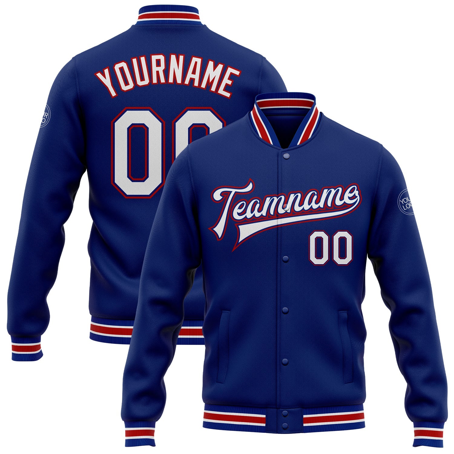 Custom Royal White-Red Bomber Full-Snap Varsity Letterman Jacket - Main View