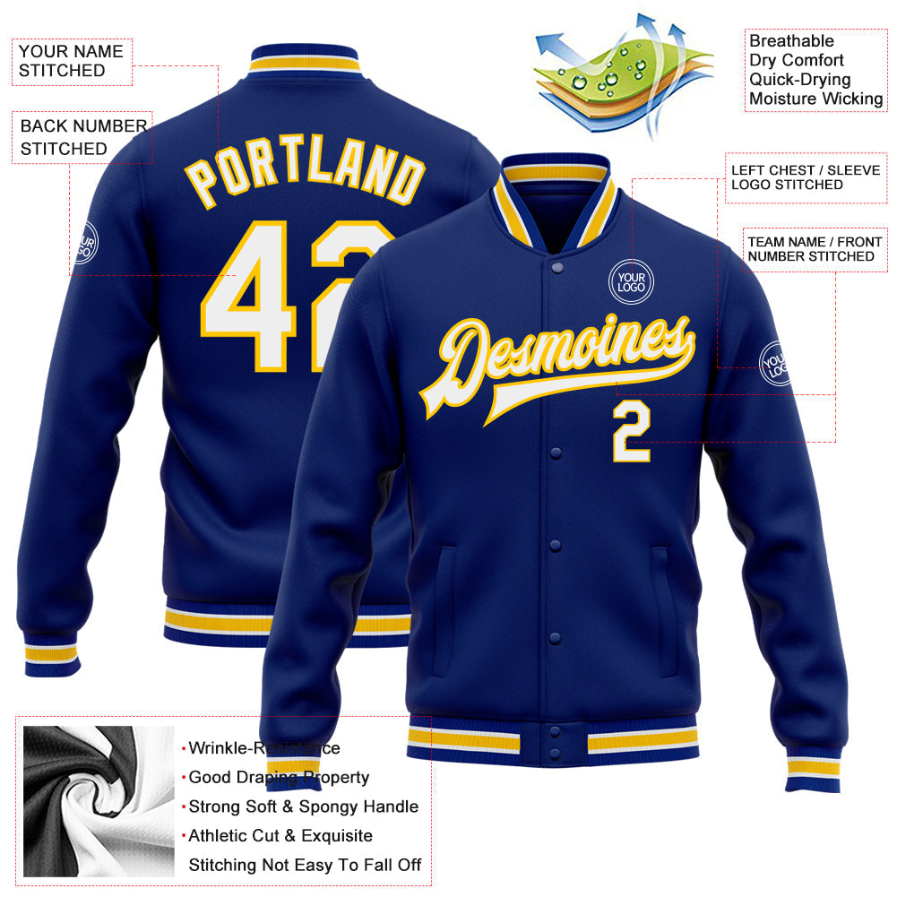 Custom Royal White-Yellow Bomber Full-Snap Varsity Letterman Jacket view 5