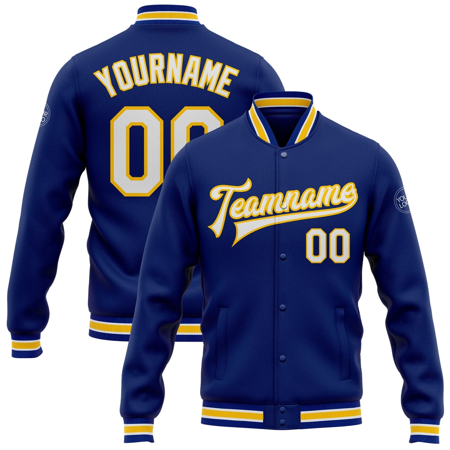 Custom Royal White-Yellow Bomber Full-Snap Varsity Letterman Jacket - Main View