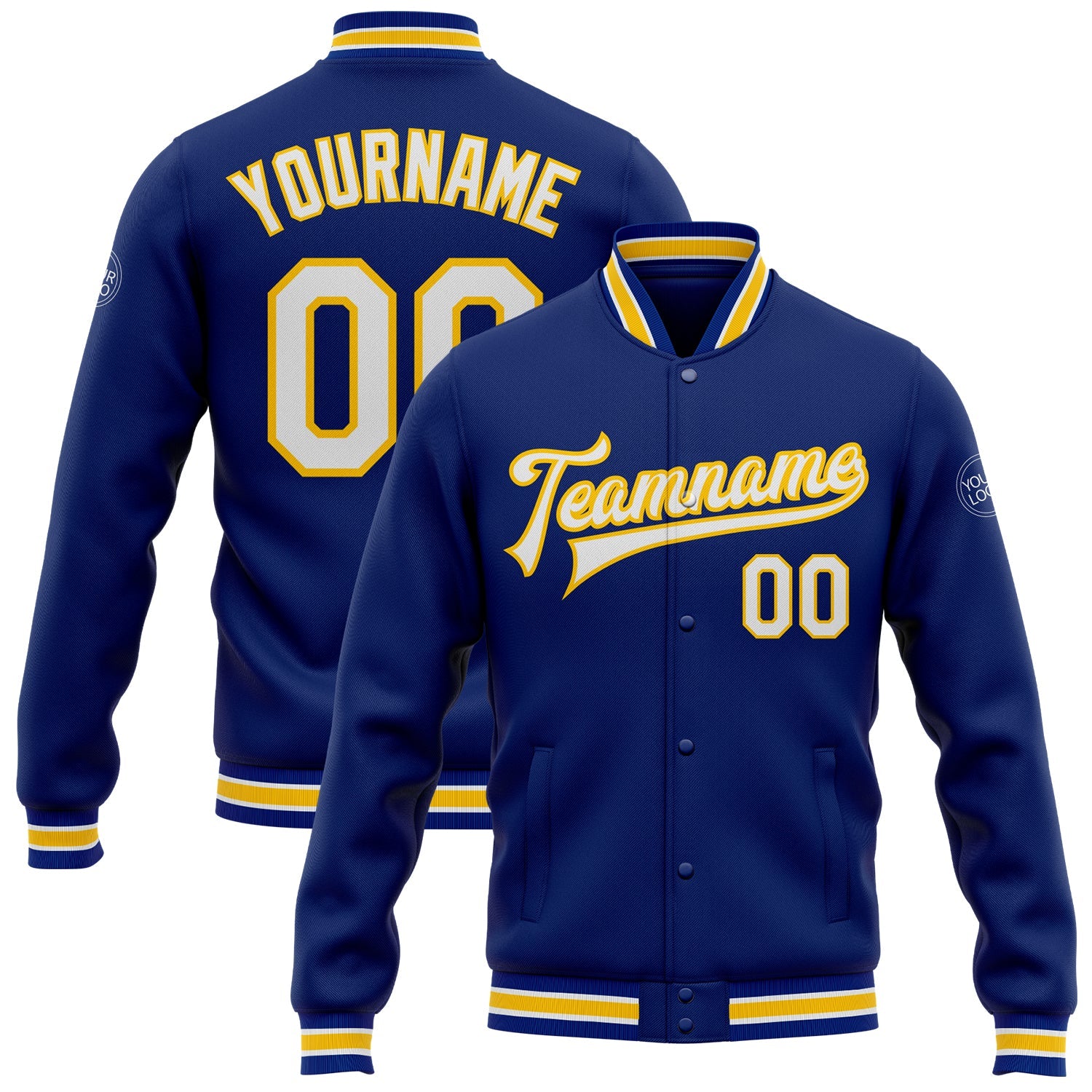 Custom Royal White-Yellow Bomber Full-Snap Varsity Letterman Jacket - Main View