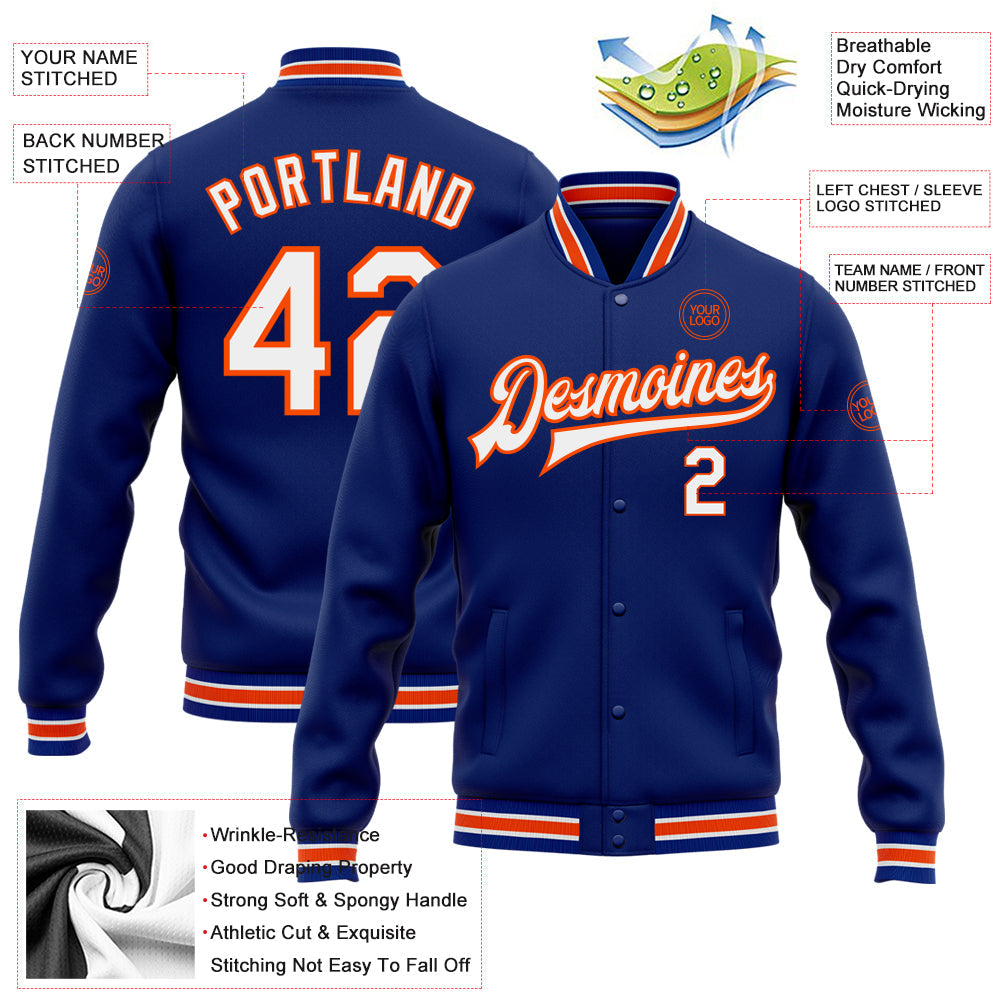 Custom Royal White-Orange Bomber Full-Snap Varsity Letterman Jacket view 5
