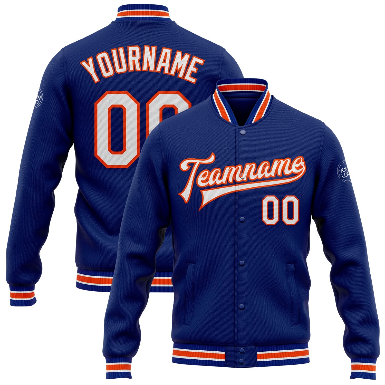 Custom Royal White-Orange Bomber Full-Snap Varsity Letterman Jacket - Main View