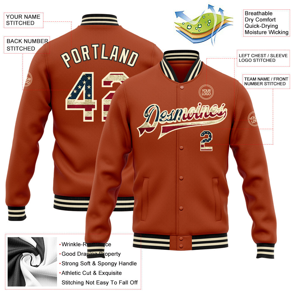 Custom Texas Orange Vintage USA Flag Cream-Black Bomber Full-Snap Varsity Letterman Jacket view 5