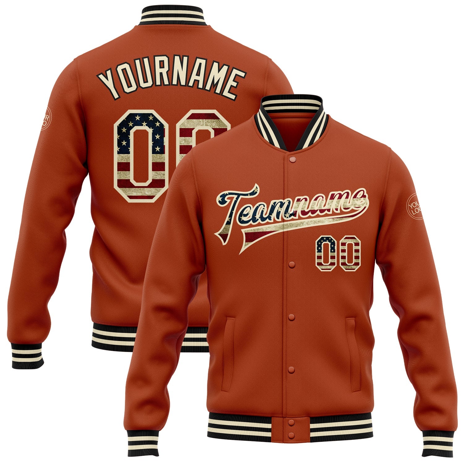 Custom Texas Orange Vintage USA Flag Cream-Black Bomber Full-Snap Varsity Letterman Jacket - Main View