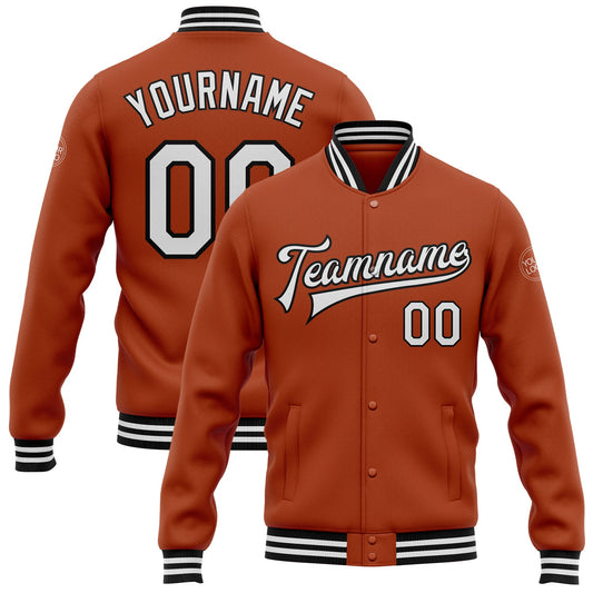 Custom Texas Orange White-Black Bomber Full-Snap Varsity Letterman Jacket - Main View