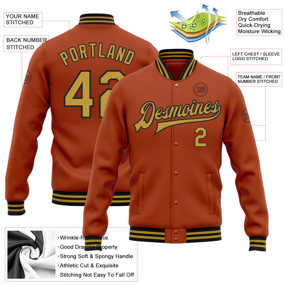 Custom Texas Orange Old Gold-Black Bomber Full-Snap Varsity Letterman Jacket view 5