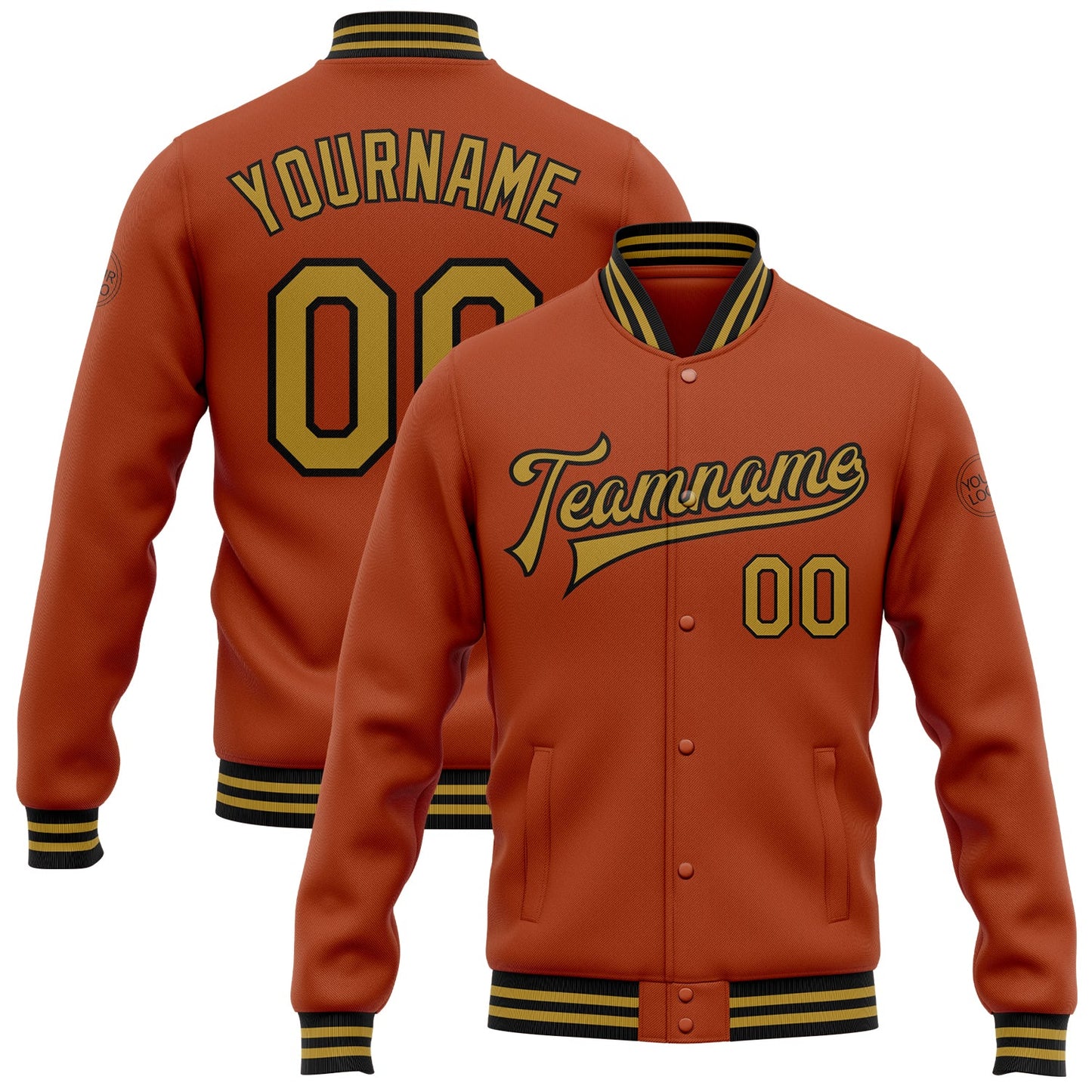 Custom Texas Orange Old Gold-Black Bomber Full-Snap Varsity Letterman Jacket - Main View