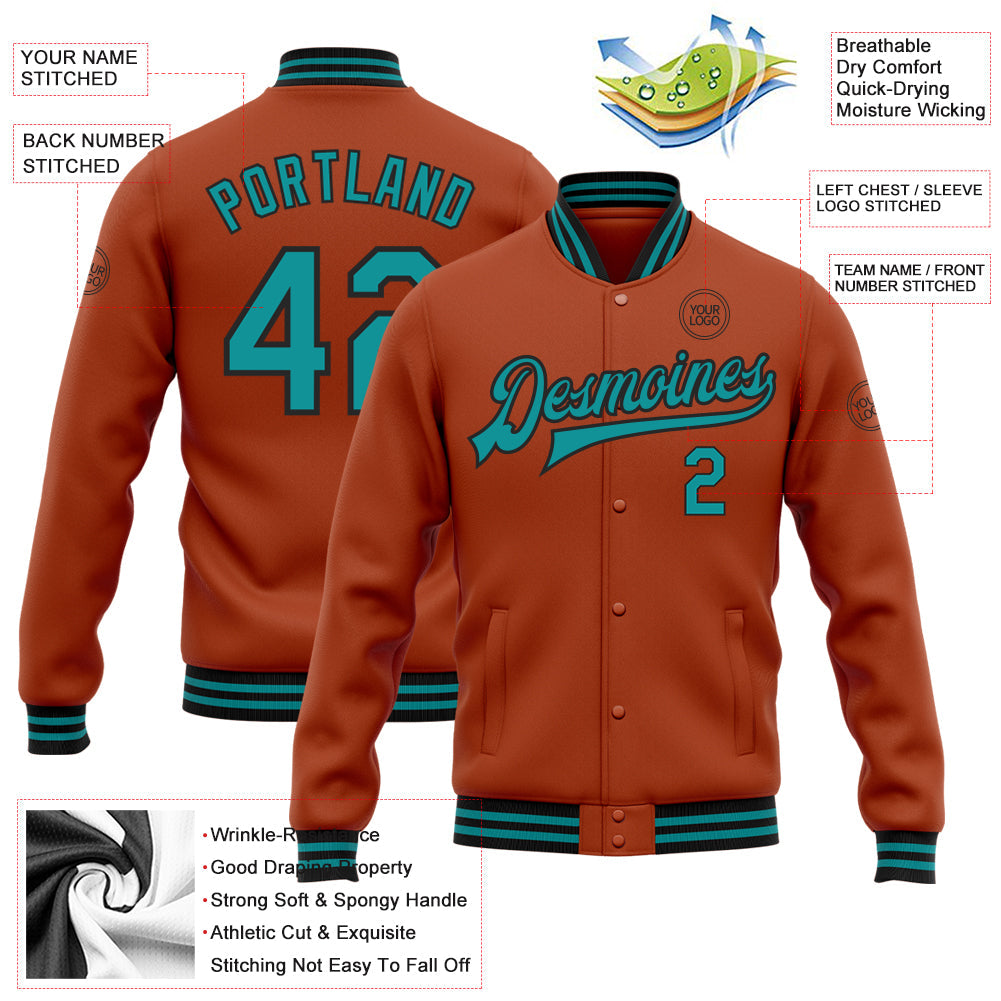 Custom Texas Orange Teal-Black Bomber Full-Snap Varsity Letterman Jacket view 5