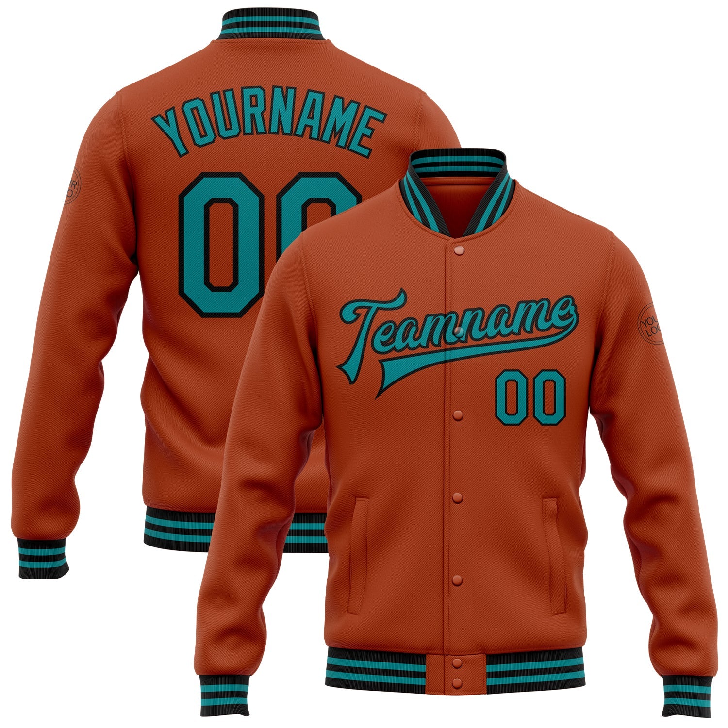 Custom Texas Orange Teal-Black Bomber Full-Snap Varsity Letterman Jacket - Main View