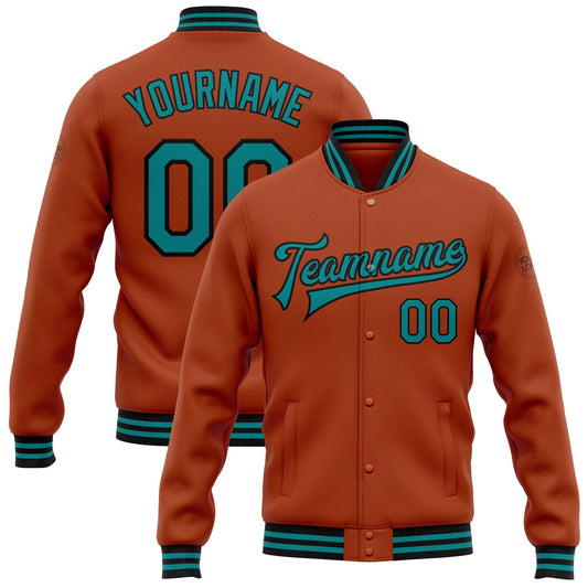 Custom Texas Orange Teal-Black Bomber Full-Snap Varsity Letterman Jacket - Main View