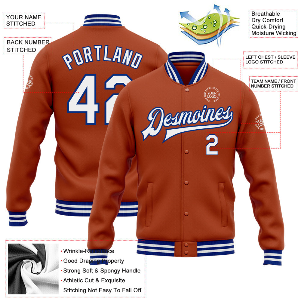 Custom Texas Orange White-Royal Bomber Full-Snap Varsity Letterman Jacket view 5