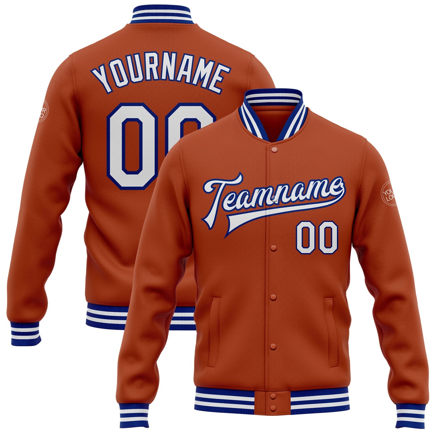 Custom Texas Orange White-Royal Bomber Full-Snap Varsity Letterman Jacket - Main View