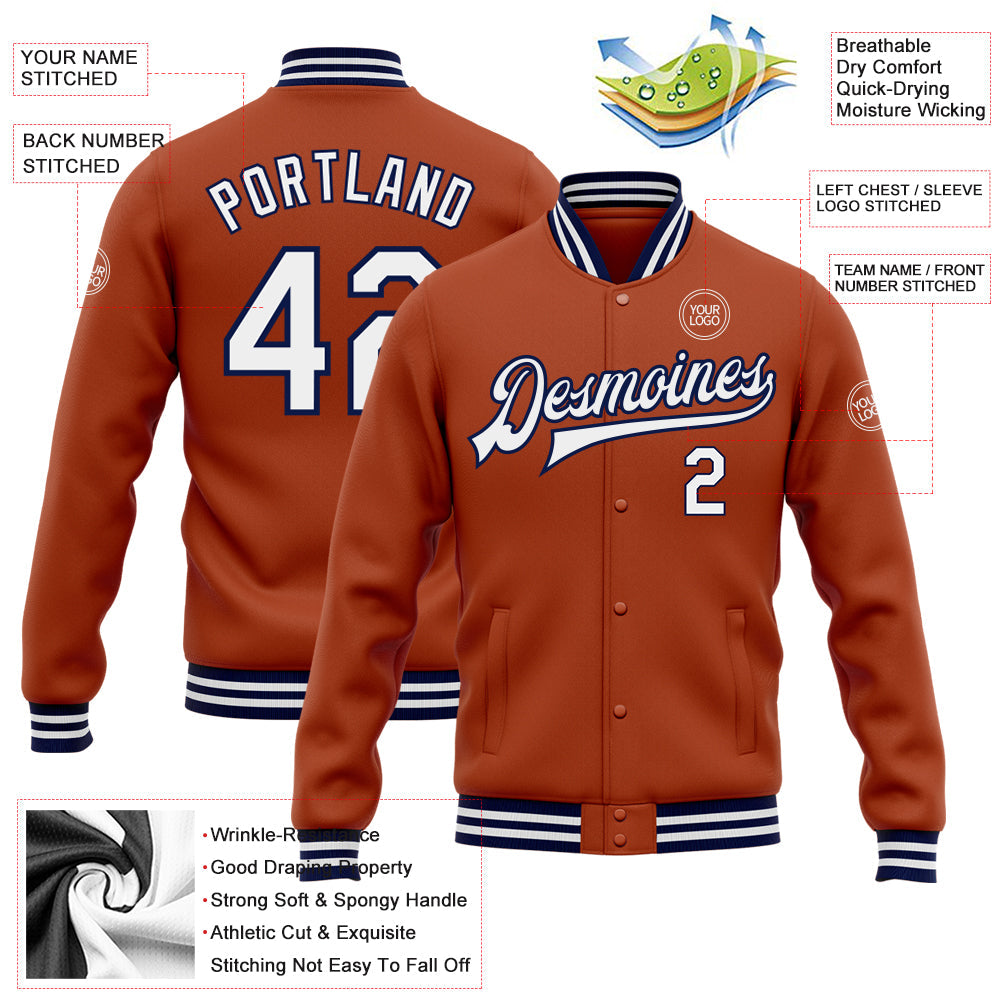 Custom Texas Orange White-Navy Bomber Full-Snap Varsity Letterman Jacket view 5