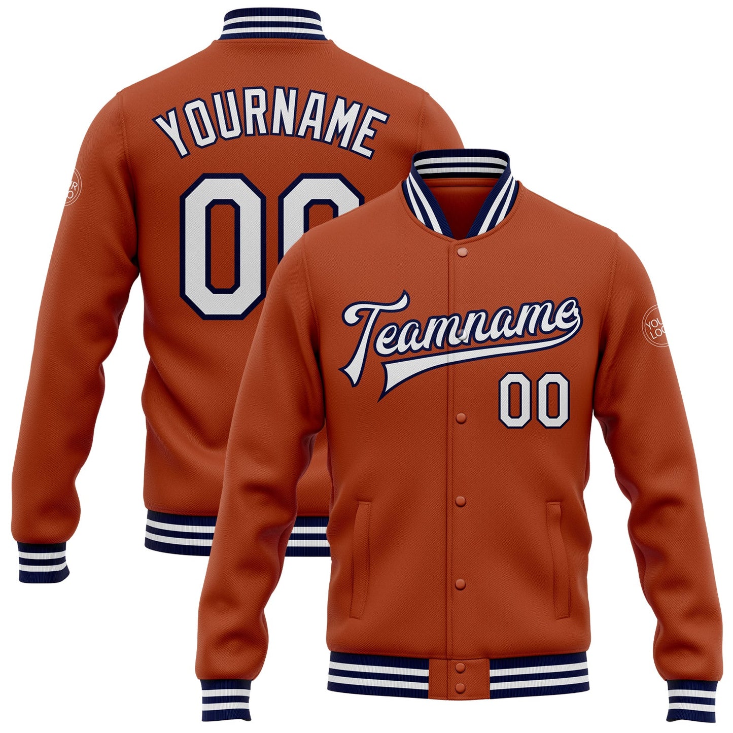 Custom Texas Orange White-Navy Bomber Full-Snap Varsity Letterman Jacket - Main View