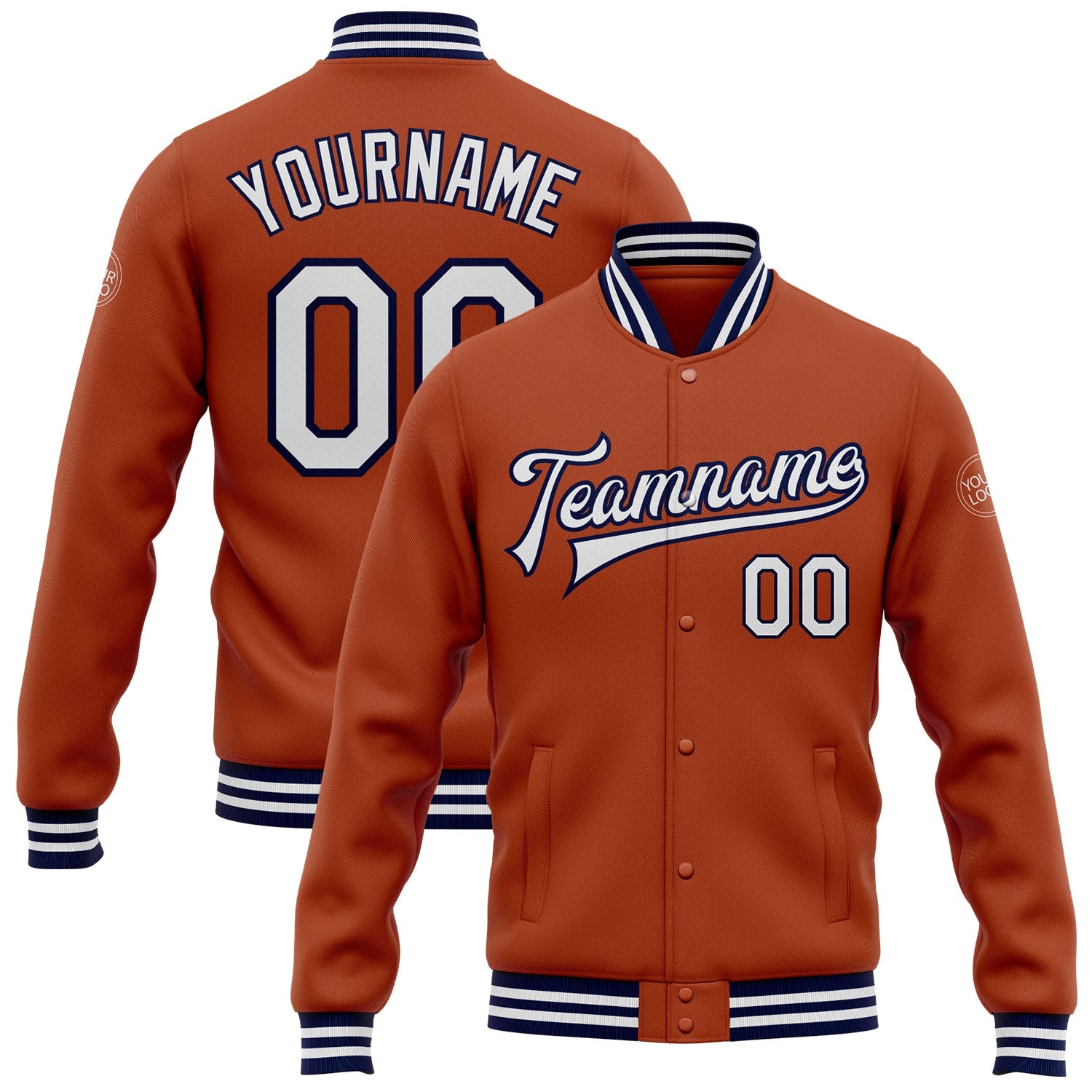 Custom Texas Orange White-Navy Bomber Full-Snap Varsity Letterman Jacket - Main View