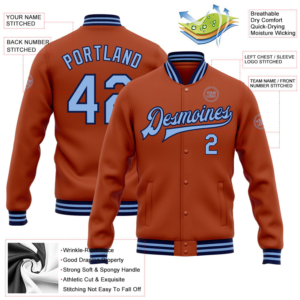 Custom Texas Orange Light Blue-Navy Bomber Full-Snap Varsity Letterman Jacket view 5