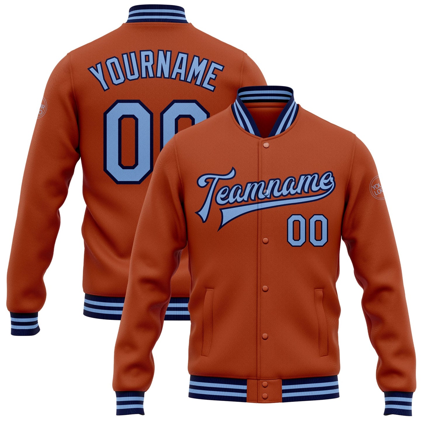 Custom Texas Orange Light Blue-Navy Bomber Full-Snap Varsity Letterman Jacket - Main View