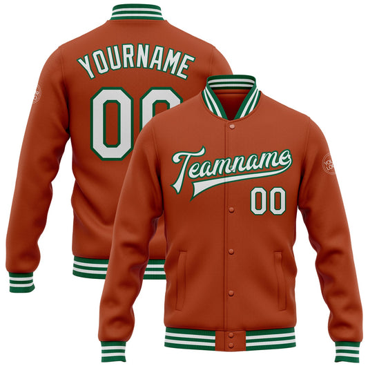 Custom Texas Orange White-Kelly Green Bomber Full-Snap Varsity Letterman Jacket - Main View