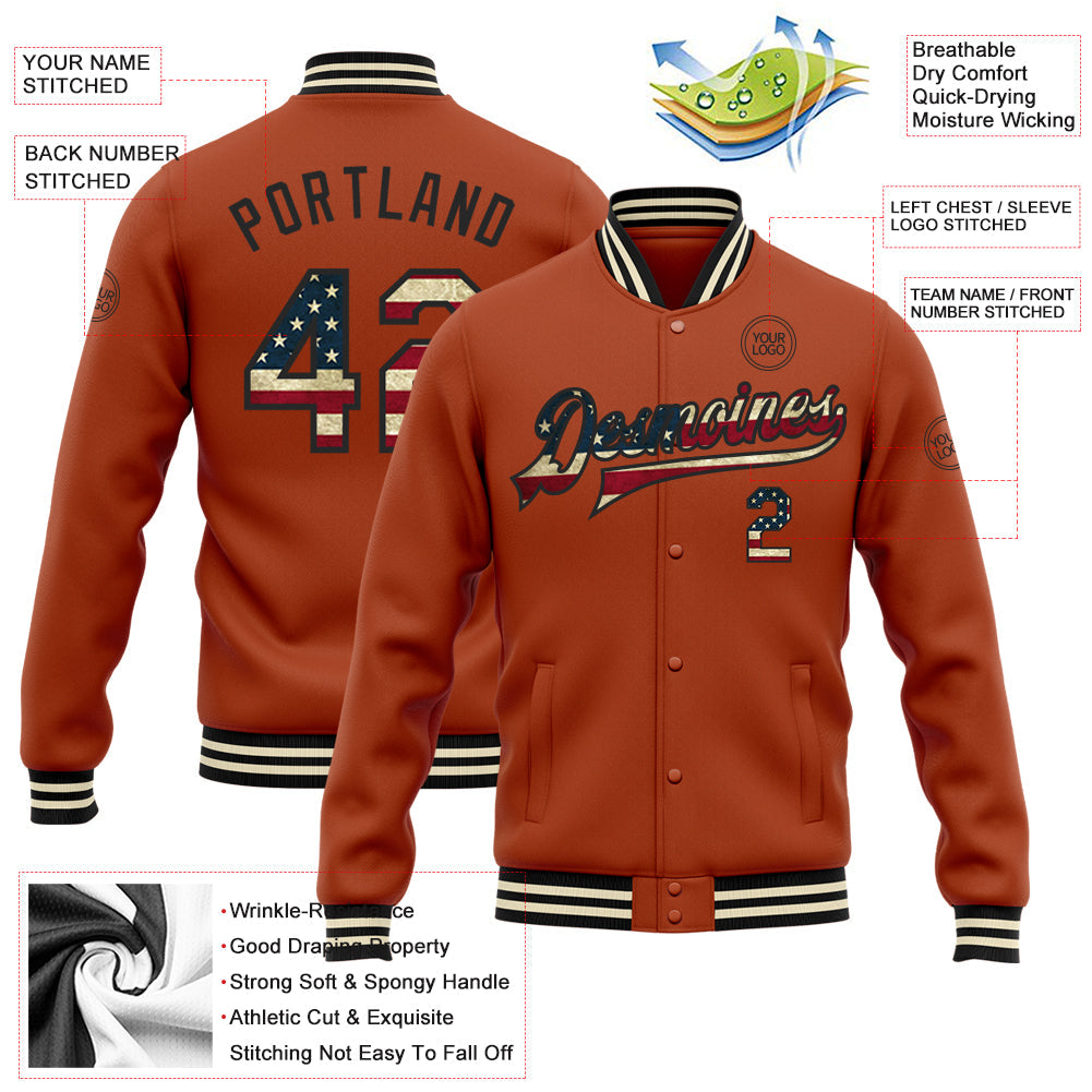 Custom Texas Orange Vintage USA Flag Black-Cream Bomber Full-Snap Varsity Letterman Jacket view 5