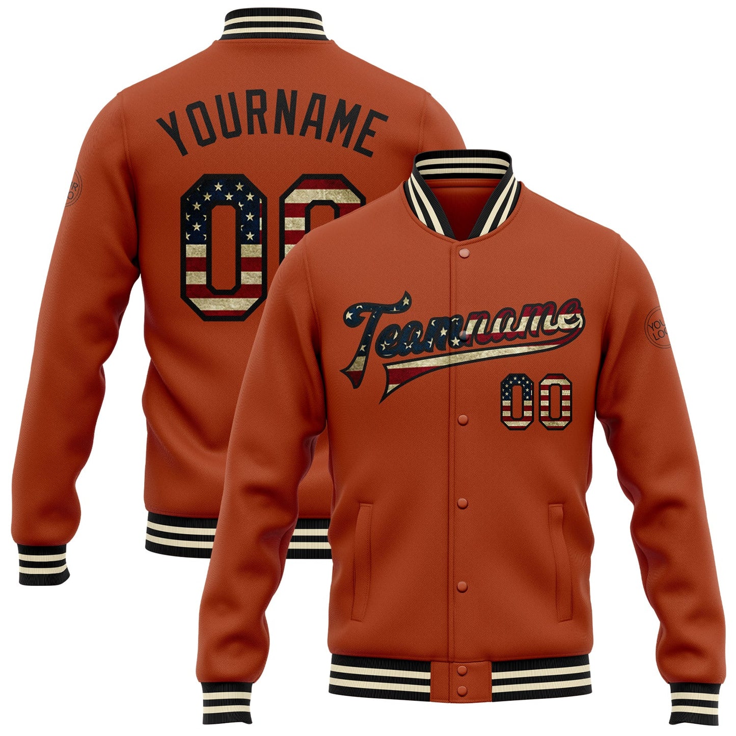 Custom Texas Orange Vintage USA Flag Black-Cream Bomber Full-Snap Varsity Letterman Jacket - Main View