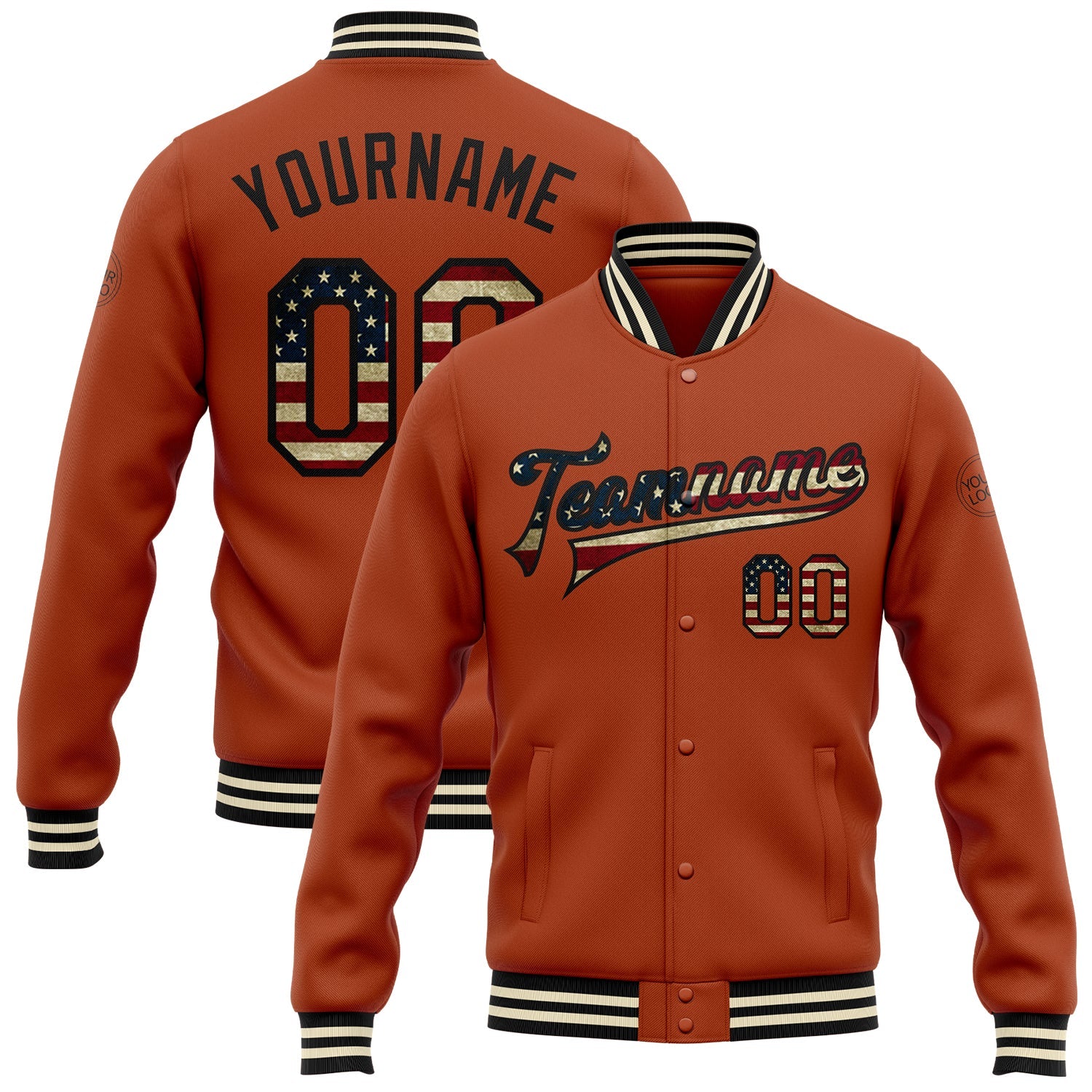 Custom Texas Orange Vintage USA Flag Black-Cream Bomber Full-Snap Varsity Letterman Jacket - Main View