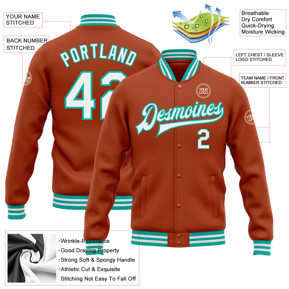 Custom Texas Orange White-Aqua Bomber Full-Snap Varsity Letterman Jacket view 5