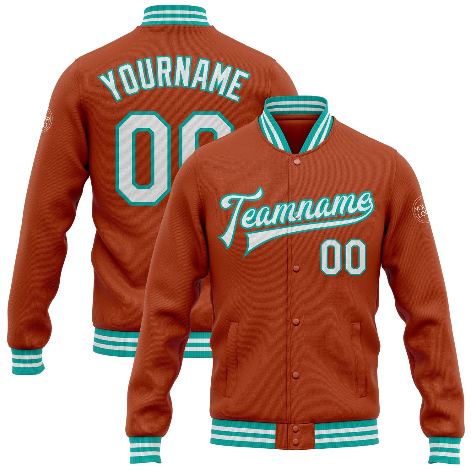 Custom Texas Orange White-Aqua Bomber Full-Snap Varsity Letterman Jacket - Main View
