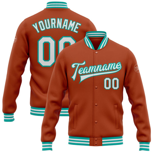 Custom Texas Orange White-Aqua Bomber Full-Snap Varsity Letterman Jacket - Main View