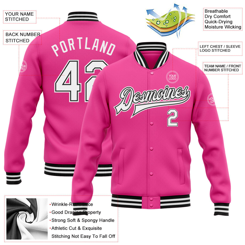 Custom Pink White-Black Bomber Full-Snap Varsity Letterman Jacket view 5