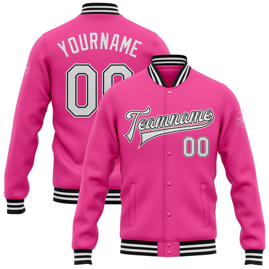 Custom Pink White-Black Bomber Full-Snap Varsity Letterman Jacket - Main View