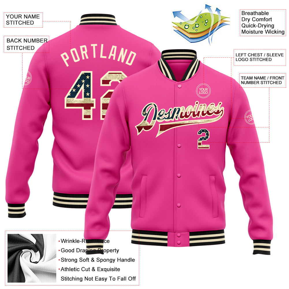 Custom Pink Vintage USA Flag Cream-Black Bomber Full-Snap Varsity Letterman Jacket view 5