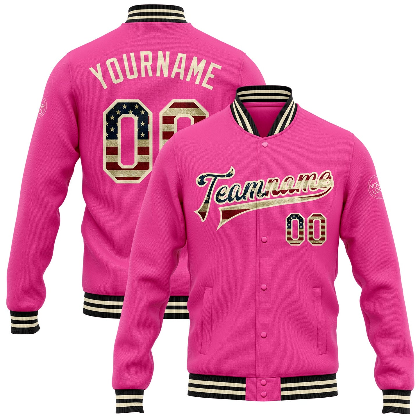 Custom Pink Vintage USA Flag Cream-Black Bomber Full-Snap Varsity Letterman Jacket - Main View