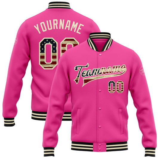 Custom Pink Vintage USA Flag Cream-Black Bomber Full-Snap Varsity Letterman Jacket - Main View