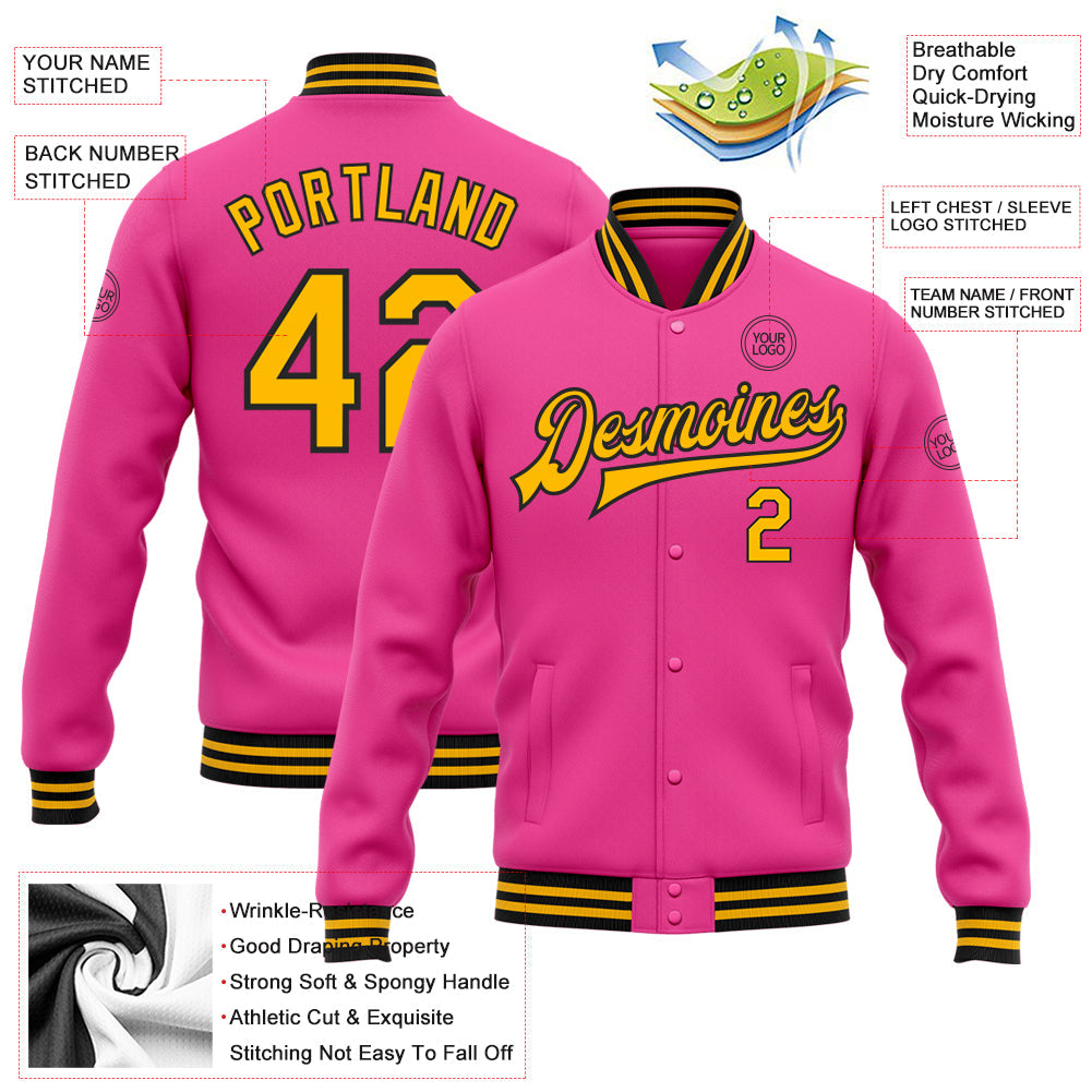 Custom Pink Gold-Black Bomber Full-Snap Varsity Letterman Jacket view 5